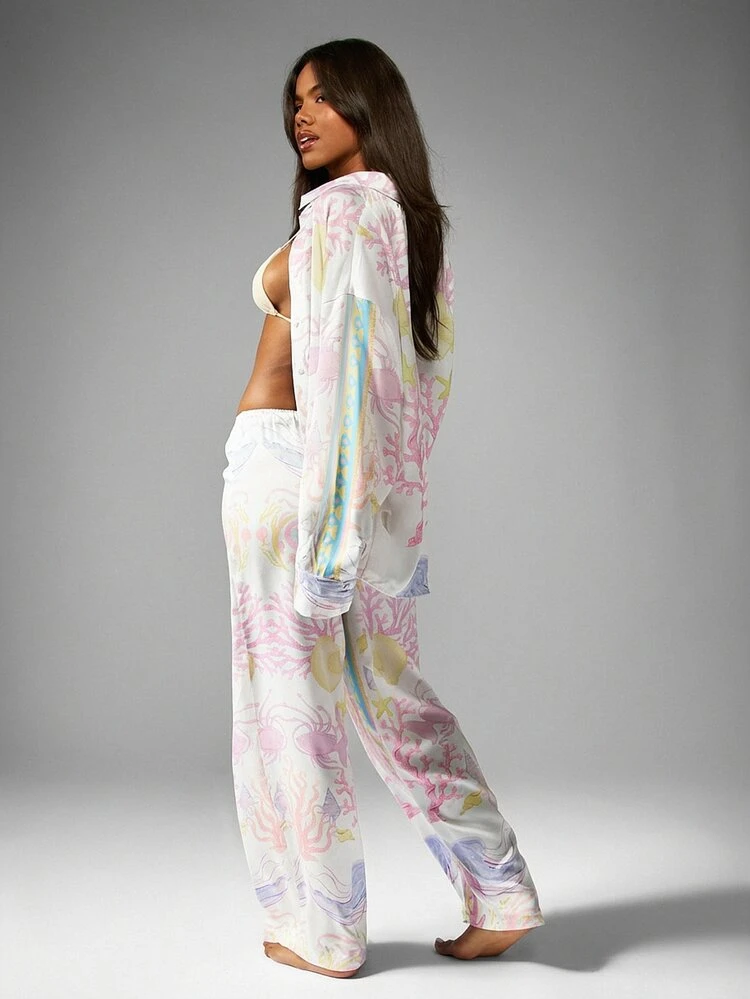 MISSGUIDED Pastel Seashell Print Two Piece Matching Set Beach Vacation Summer Festival Coord Button Up Shirt Wide Leg Pants Bohemian Resort Wear