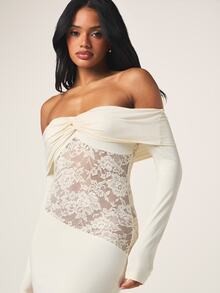 MISSGUIDED Women's Off Shoulder Lace Panel Long Sleeve White Maxi Dress For Evening Party Wedding Guest Special Occasions - Apricot - View 3