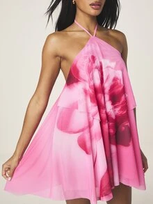 MISSGUIDED Women's Pink Floral Halter Neck Mini Dress Layered Chiffon Sleeveless Fit And Flare Summer Party Dress - Multicolor - View 5