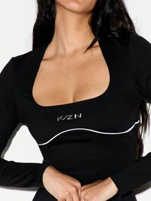 KIZN 女士黑色长袖压缩上衣，饰有白色滚边，吸湿排汗，运动训练服，健身服 - 黑色 - 查看 5