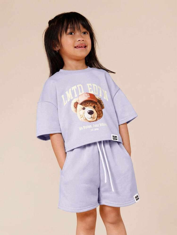 Girls Bear Graphic Tshirt Shorts Co-Ord Set Limited Edition Casual Summer Outfit Purple Two Piece Matching Set