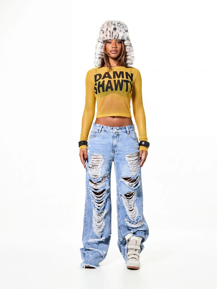 SUMWON WOMEN Women's Long Sleeve Graphic Mesh Top With Bold Statement Print Layering Piece Fashion Streetwear