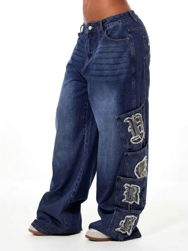 SUMWON WOMEN Women's Wide Leg Denim Jeans With Gothic Letter Applique Patches Distressed Cargo Style Streetwear Baggy Pants
