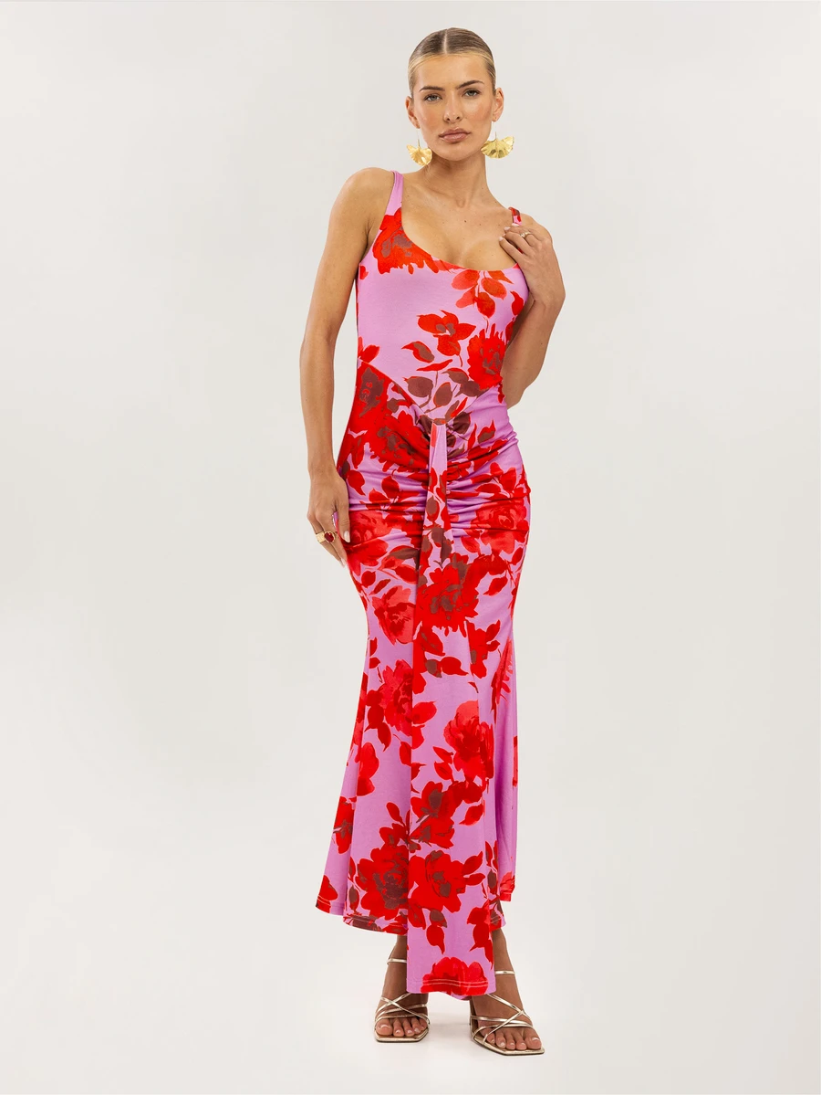 Dancing Leopard Đầm midi Lantara màu đỏ, cổ chữ V, đường may rộng, thích hợp cho mùa hè, dự tiệc cưới, đi nghỉ mát, dự tiệc ngoài trời, hẹn hò, dạ hội, dự các dịp đặc biệt. - Đỏ - Xem 1