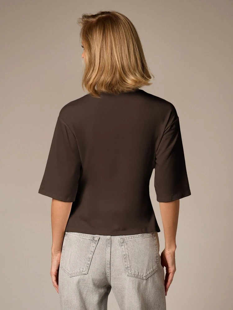 Short Sleeve Crew Neck Tie Detail Cinch Waist T-Shirt For Spring Summer Casual Everyday Wear