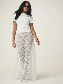 MISSGUIDED 女士优雅白色蕾丝长裙，半透明花卉图案，A字长款及地，适合春夏婚礼派对 - 白色 - 查看 2