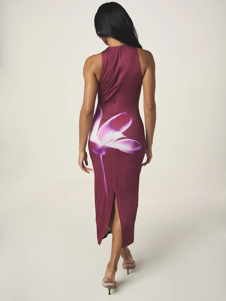 MISSGUIDED Women's High Neck Fitted Midi Floral Print Sleeveless Long Dress Burgundy Purple Flower Bodycon Evening Dress