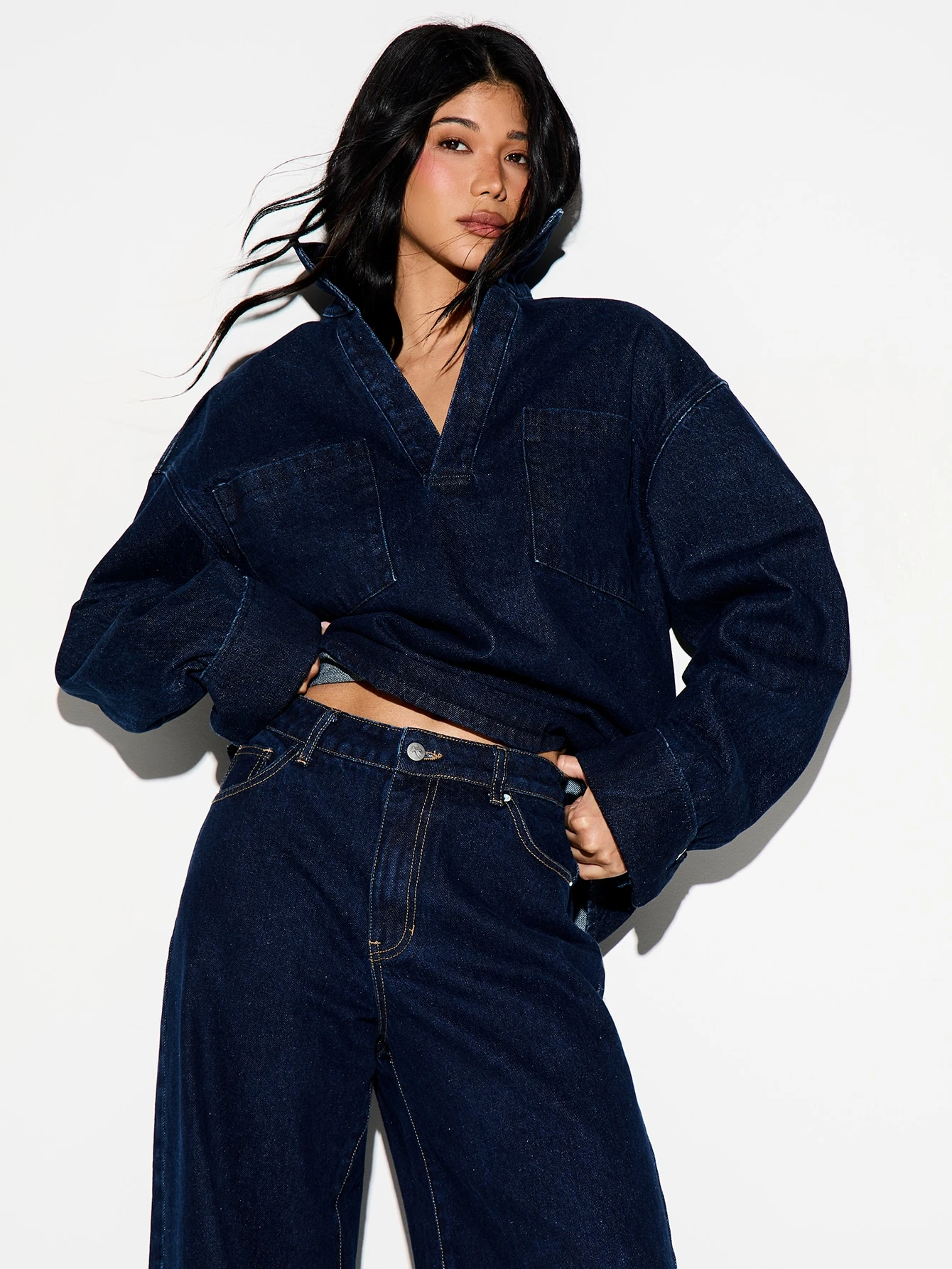 KIZN Denim Long Sleeve Rugby Shirt With Collar