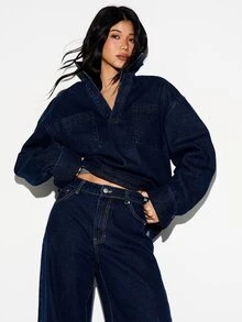 KIZN 女士牛仔长袖橄榄球衬衫，翻领纽扣前襟，宽松休闲上衣，带胸袋，深色水洗棉混纺 - 藍色 - 查看 1