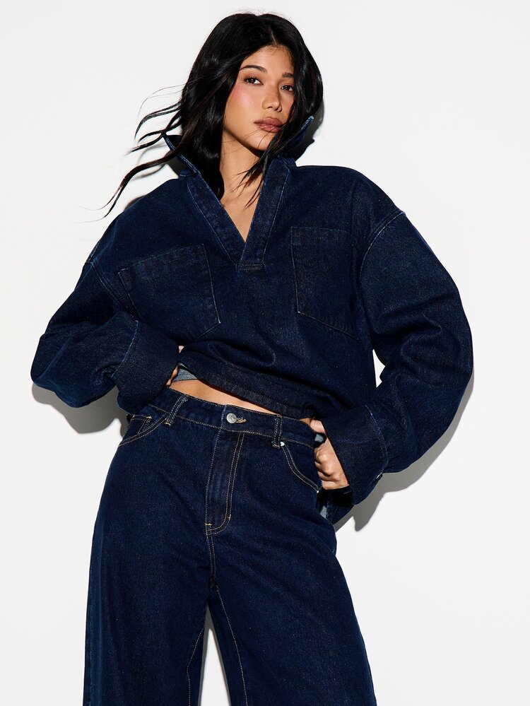 KIZN Denim Long Sleeve Rugby Shirt With Collar