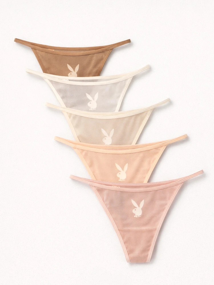 Missguided x Playboy 5 Pack Mesh Thong Panties Set With Bunny Logo Transparent Intimate Underwear Brief Collection For Women