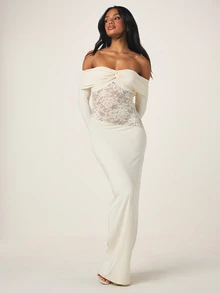 MISSGUIDED Women's Off Shoulder Lace Panel Long Sleeve White Maxi Dress For Evening Party Wedding Guest Special Occasions - Apricot - View 1