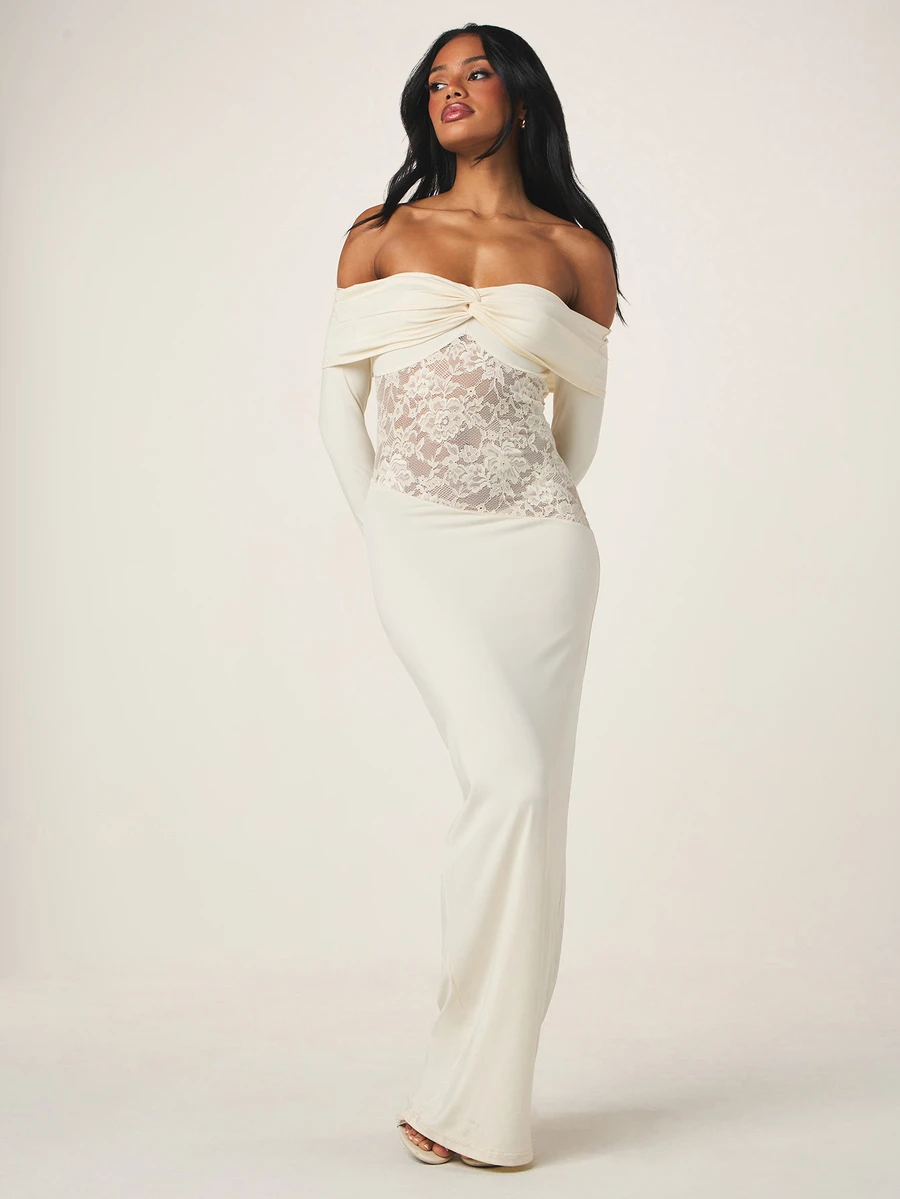 MISSGUIDED Women's Off Shoulder Lace Panel Long Sleeve White Maxi Dress For Evening Party Wedding Guest Special Occasions - Apricot - View 1