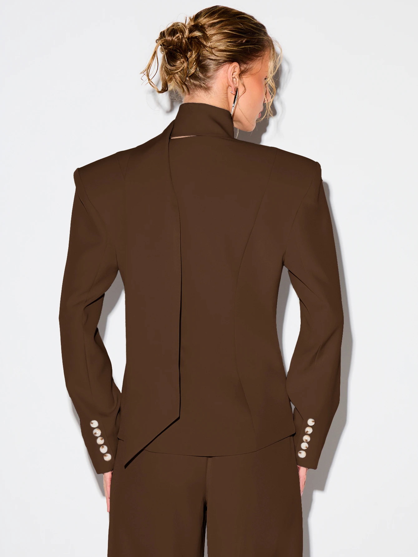 KIZN Shoulder Pad Wrap Neck Blazer With Cut-Out Detail