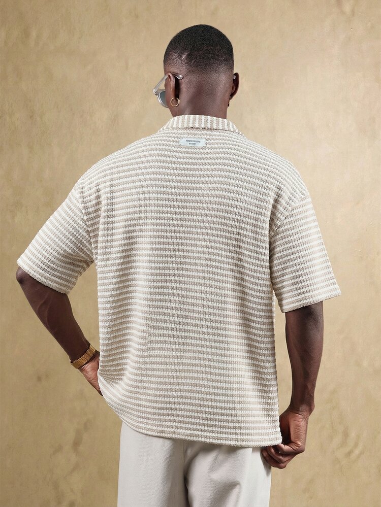 Men's Crop Fit Short Sleeve Open Knit Polo Shirt Summer Resort Beach Casual Collared Top