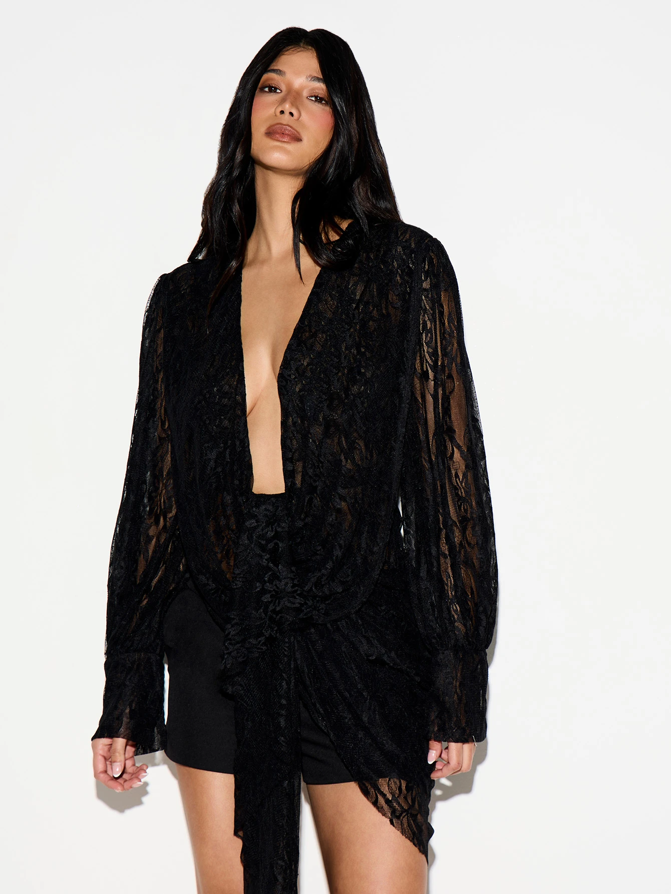 KIZN Lace Plunge Drape Blouse With Open Back