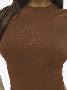 BABYPHAT Camiseta de mujer de manga corta con adorno de rhinestones, cuello redondo, ajustada, de estilo casual y cómodo - Marrón Chocolate - Ver 5