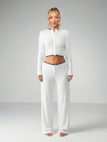 MISSGUIDED Womens Ribbed Sleep Pajama Pants With Elastic Waistband Logo Trim Comfortable Loungewear Sleepwear Bottoms - White - View 5