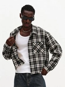 SUMWON Long Sleeve Cropped Plaid Check Shirt Front Pockets Button Down Classic Fit Fall Winter Casual Wear - Black - View 4