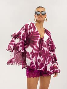 Dancing Leopard White Printed Frill Floaty Blouse Autumn Outfits For Women Holiday Top Night Out Vacation Date Night Vacation Festival Tropical - Purple - View 1
