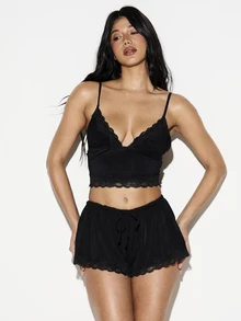 KIZN Áo ngủ hai dây cổ chữ V viền ren dành cho nữ, kiểu áo lót bralette với phần lưới, có dây đeo điều chỉnh được. - màu đen - Xem 4