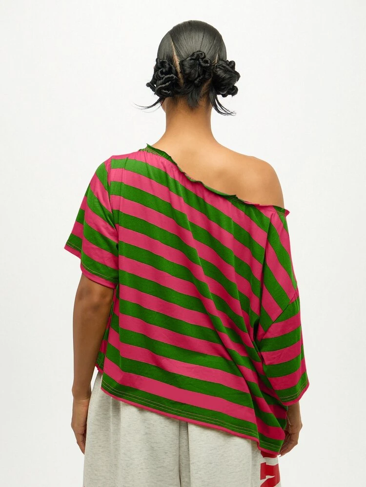 SUMWON WOMEN Striped Off The Shoulder Top With Tie Detail Summer Casual Oversized Blouse Asymmetrical Neckline Short Sleeve Relaxed Fit Boho Festival Shirt