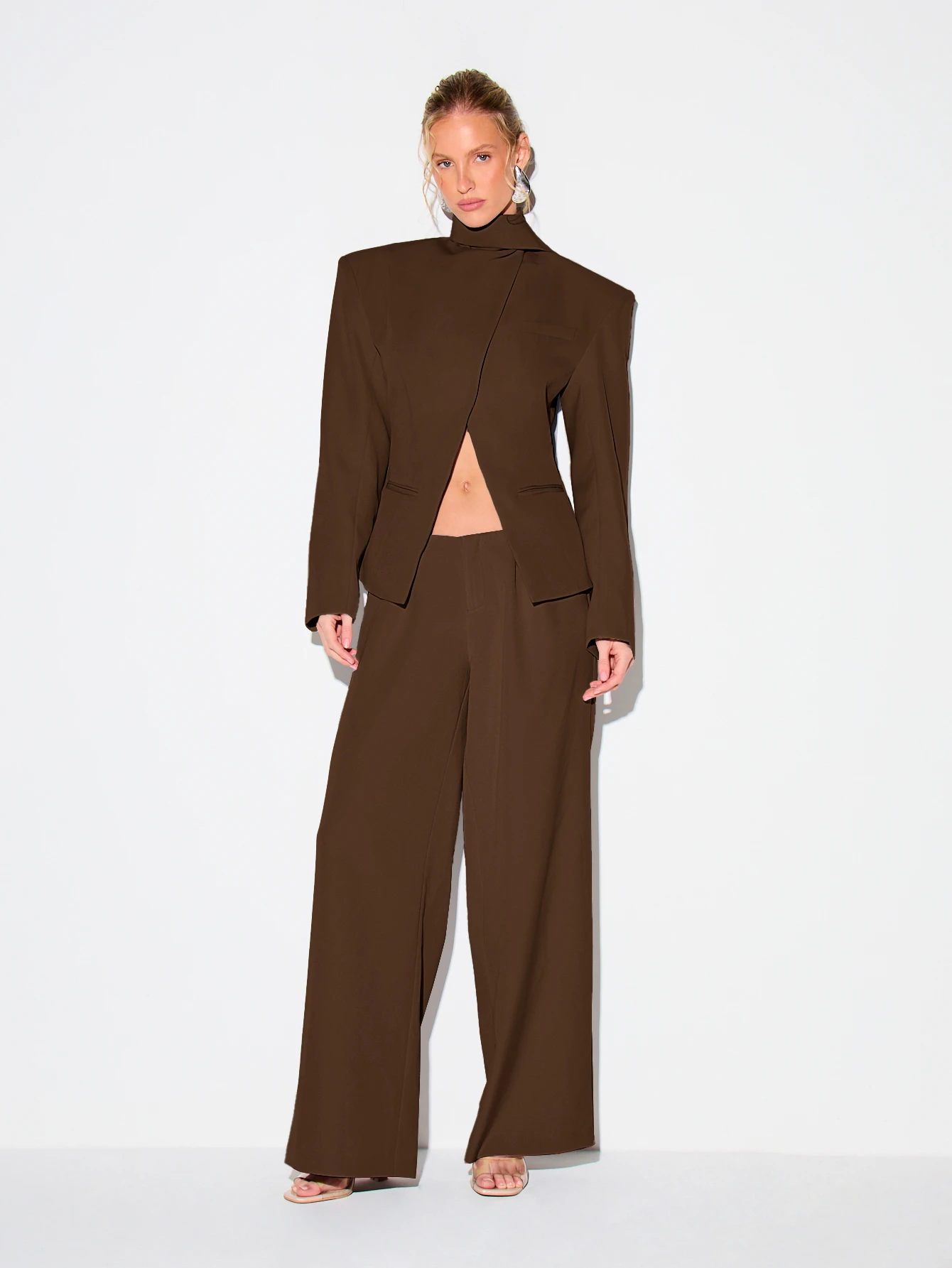 KIZN Shoulder Pad Wrap Neck Blazer With Cut-Out Detail