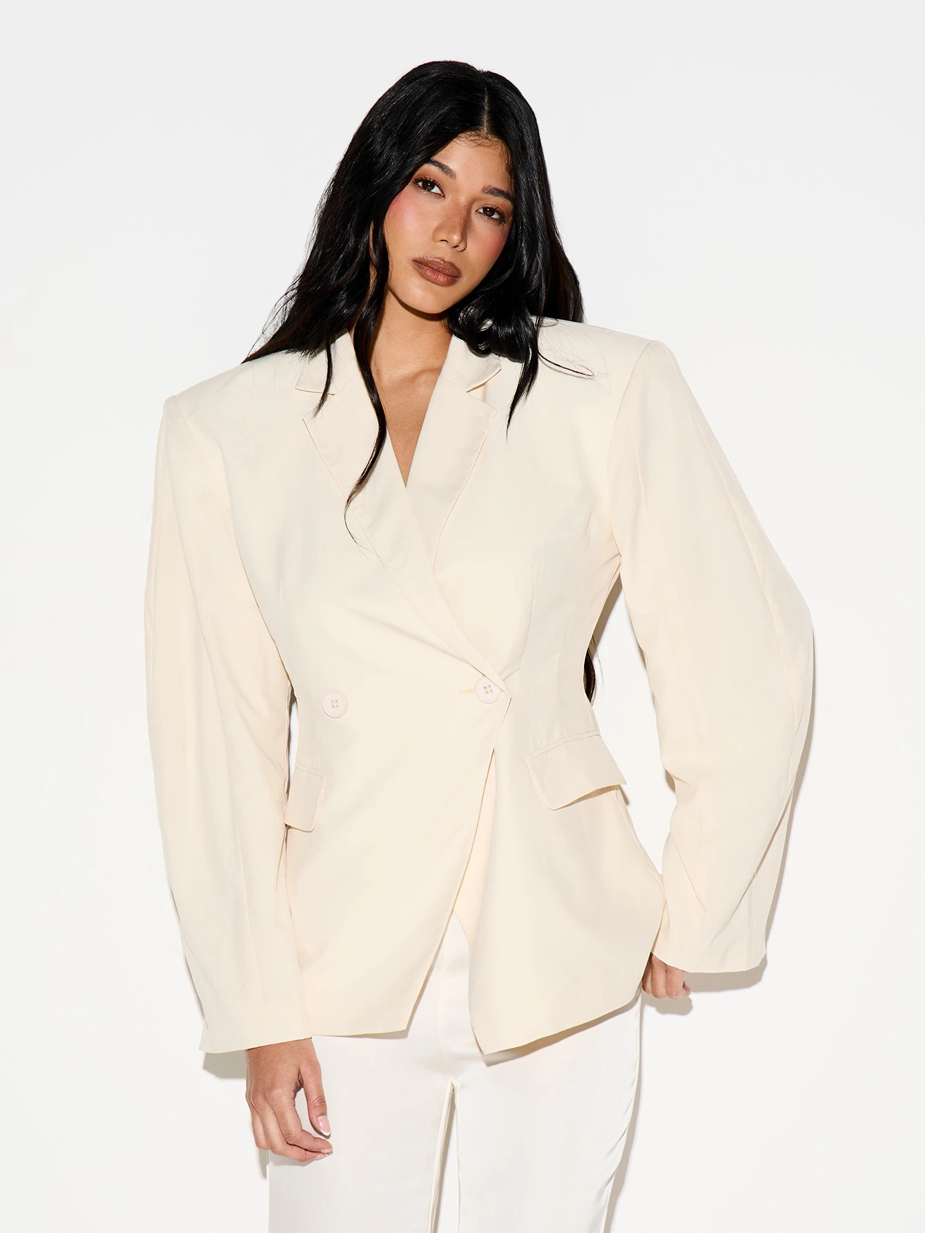 KIZN Structured Shoulder Pad Blazer With Cinched Waist