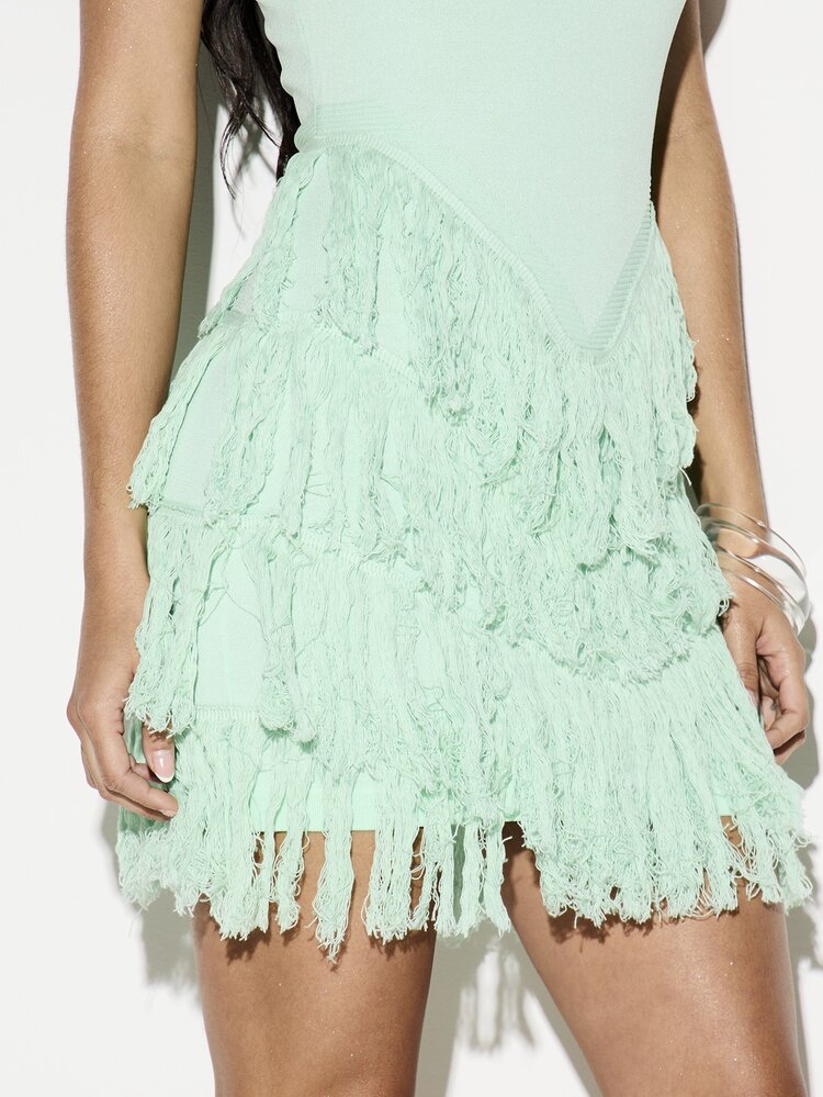 KIZN Women's Knitted Sleeveless Mini Dress With Fringe Hem Detail Party Evening Bodycon Fit Spring Summer