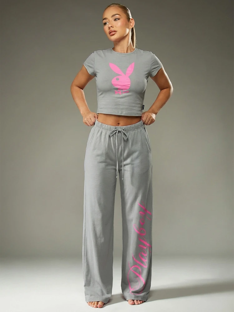 Missguided x Playboy Women Pajama Set Grey Pink Bunny Logo Crop Top Wide Leg Pants Loungewear Sleepwear Comfortable Night Set
