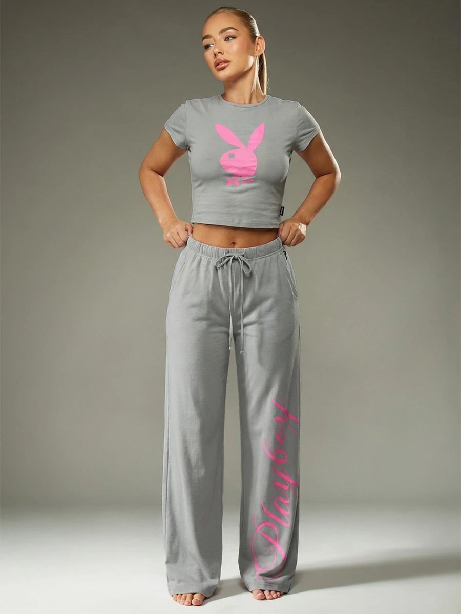 Missguided x Playboy Bộ đồ ngủ nữ màu xám hồng in hình thỏ, áo croptop và quần ống rộng, đồ mặc nhà thoải mái, bộ đồ ngủ ban đêm. - Xám - Xem 1