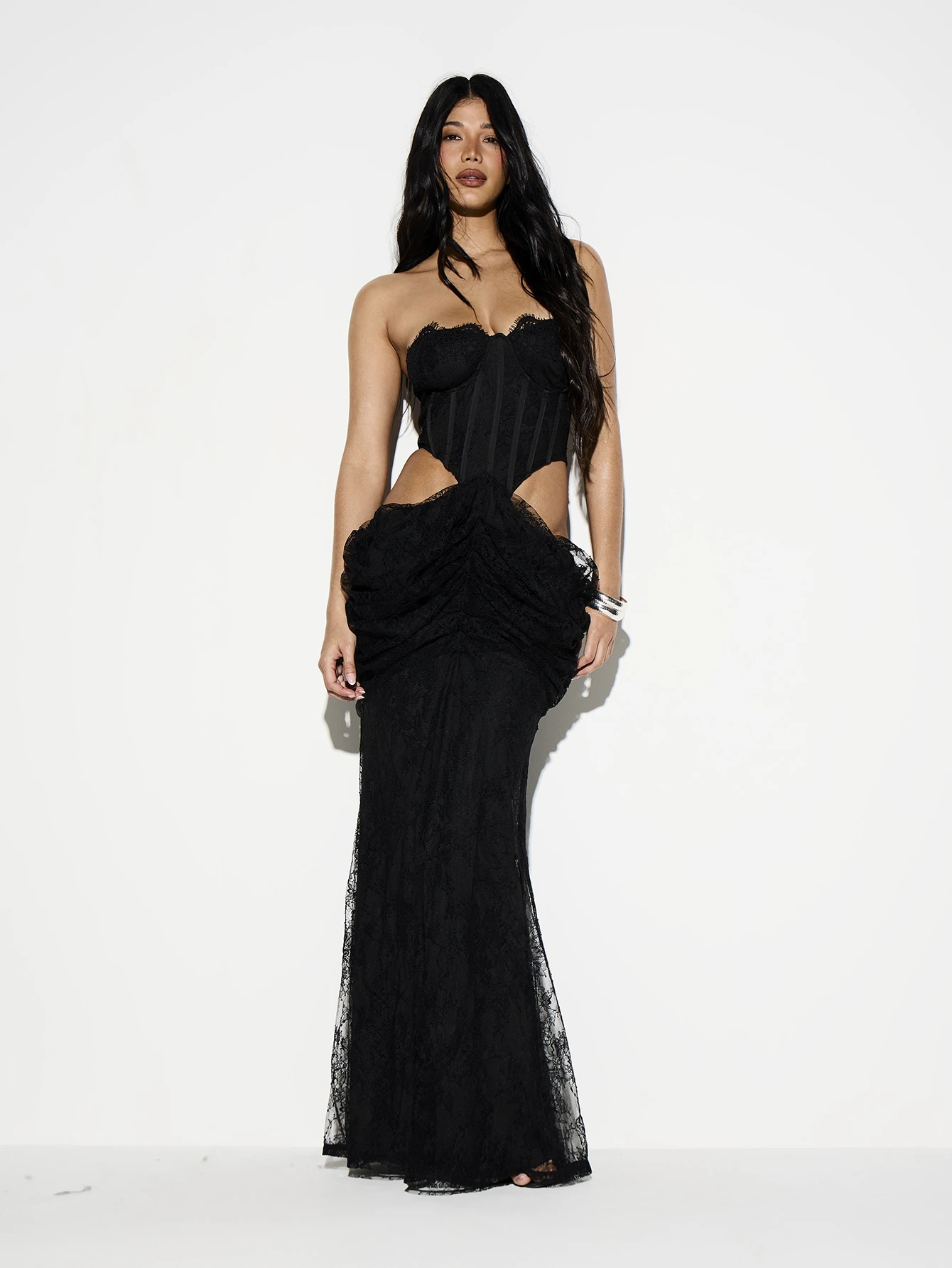 KIZN Black Lace Strapless Corseted Maxi Dress With Cutouts