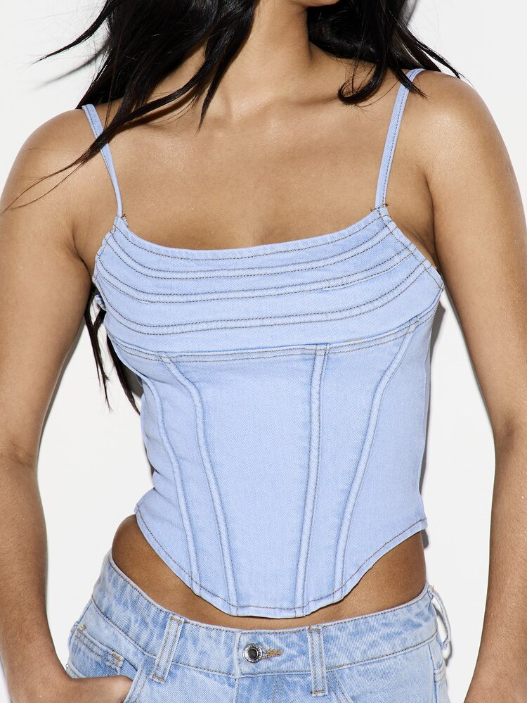 KIZN Women's Light Blue Denim Corset Top With Lace Up Back Detail And Contour Seam Bustier Style Camisole Tank
