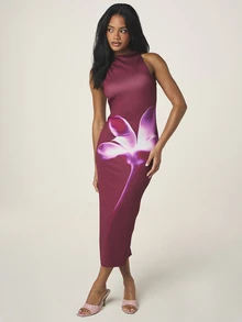MISSGUIDED Đầm dài không tay cổ cao ôm sát dáng midi in hoa màu đỏ tía tím dành cho nữ, đầm dạ hội ôm sát in hoa. - Nhiều màu - Xem 4