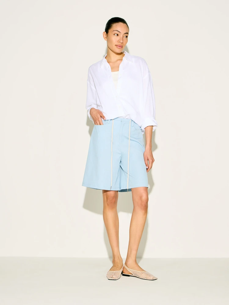 KSTM Women's Light Blue Relaxed Fit Shorts With Contrast Stitching High Rise Casual Summer Shorts