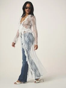 MISSGUIDED Áo khoác cardigan dáng maxi dài tay cổ chữ V sâu bằng ren với viền bèo nhún dành cho nữ, kiểu dáng mở phía trước. - trắng - Xem 3