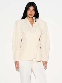 KIZN Women's Structured Shoulder Pad Blazer With Cinched Waist And Double Breasted Button Closure Professional Office Workwear - White - View 1