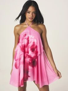 MISSGUIDED Women's Pink Floral Halter Neck Mini Dress Layered Chiffon Sleeveless Fit And Flare Summer Party Dress - Multicolor - View 4