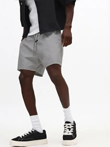 SUMWON Celana Pendek Kasual Musim Panas Pria dengan Tali Serut, Hem Lurus, Manset Gulung, dan Potongan Longgar - Grey - View 5