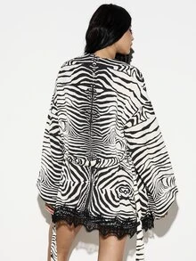 Women's Zebra Print Kimono Robe With Lace Trim Black And White Striped Beach Cover Up Loungewear - Black and White - View 2