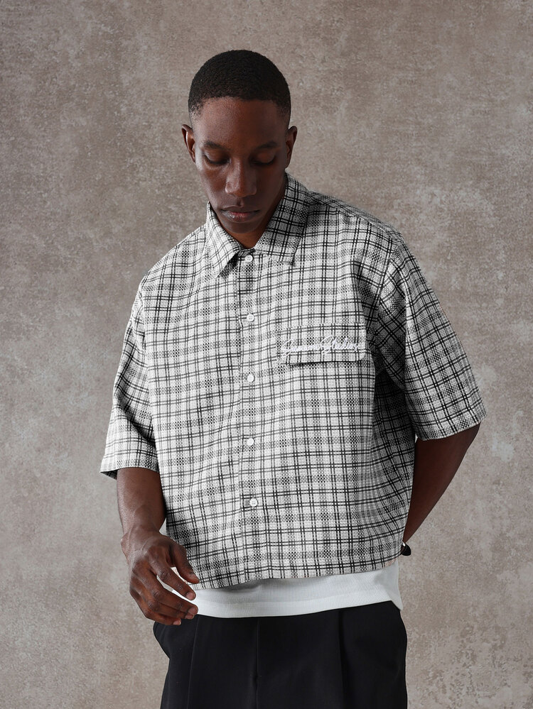Men's Textured Check Short Sleeve Shirt With Cropped Design Black White Plaid Pattern Button Front Casual Summer Shirt