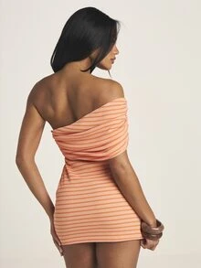 MISSGUIDED Women's Asymmetric Off-Shoulder Striped Mini Dress With Ruched Bardot Neckline For Summer Date Night - Orange - View 6