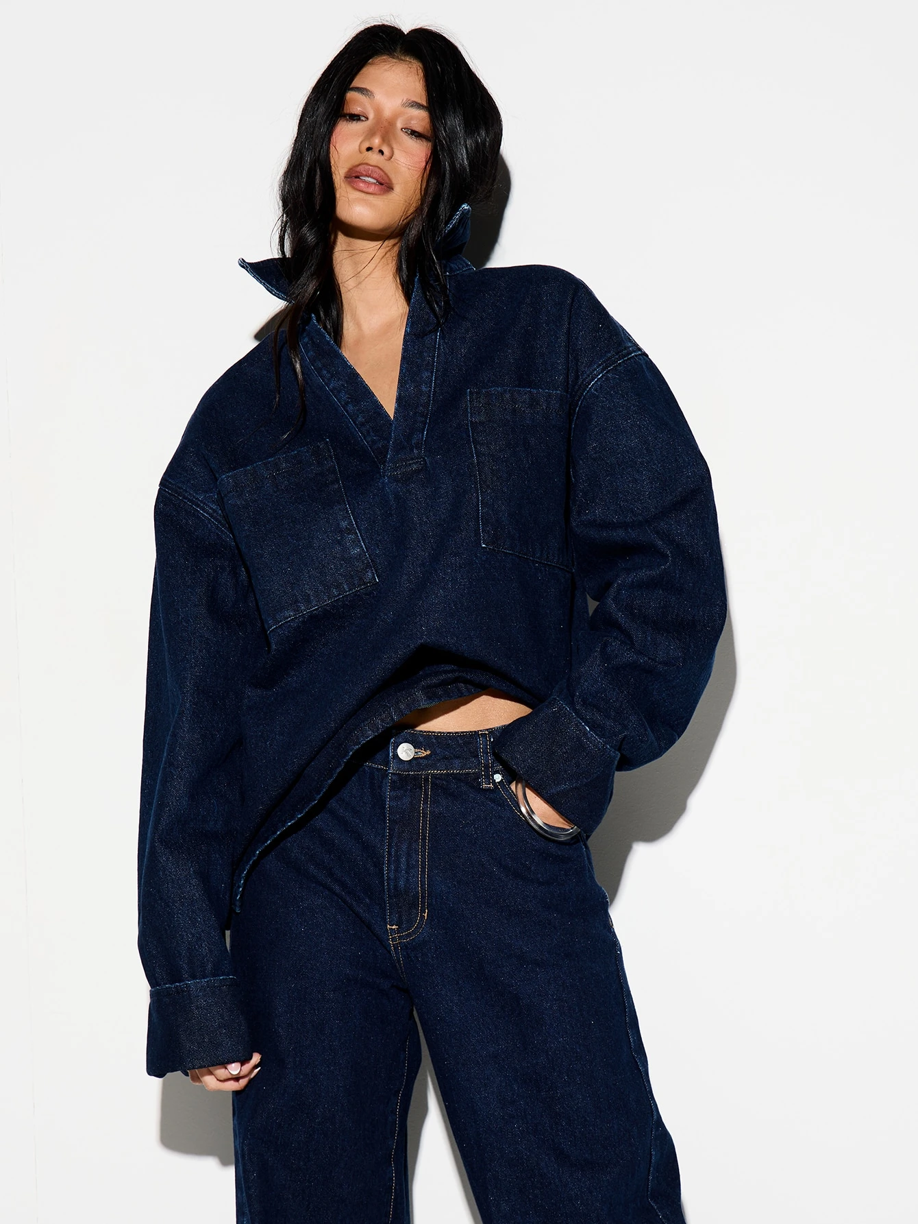 KIZN Denim Long Sleeve Rugby Shirt With Collar