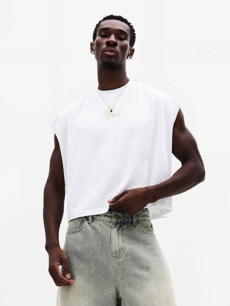 Casual Loose Fit Printed Tank Top For Men Summer Sleeveless Shirt With Script Print Crew Neck Relaxed Streetwear