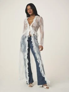 MISSGUIDED Áo khoác cardigan dáng maxi dài tay cổ chữ V sâu bằng ren với viền bèo nhún dành cho nữ, kiểu dáng mở phía trước. - trắng - Xem 4