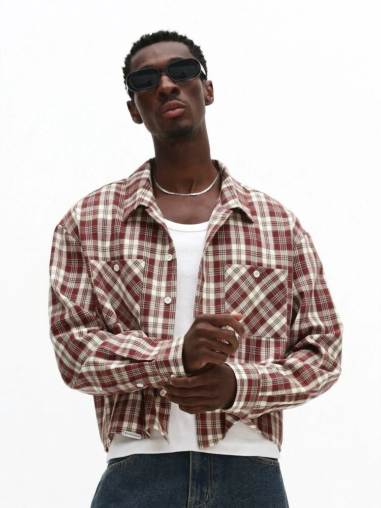 Top Xadrez de Flanela de Manga Longa Cropped Masculina com Bolsos no Peito Frontal, Top Casual Quadriculada com Botões