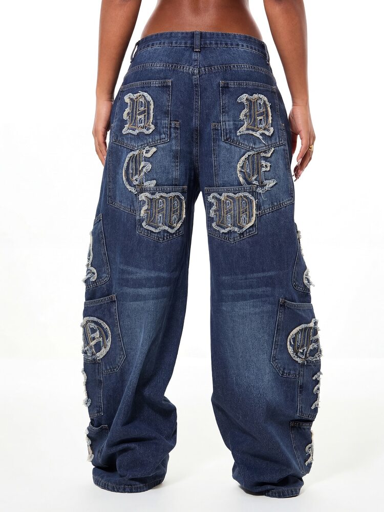 SUMWON WOMEN Women's Wide Leg Denim Jeans With Gothic Letter Applique Patches Distressed Cargo Style Streetwear Baggy Pants