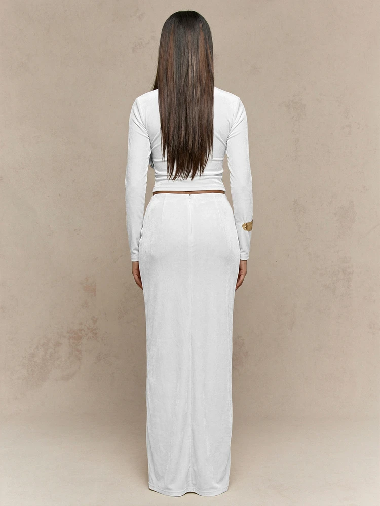 MISSGUIDED Velvet Maxi Skirt High Waisted Long Floor Length Bodycon Fitted Elegant Evening Party Formal Occasion Luxe White