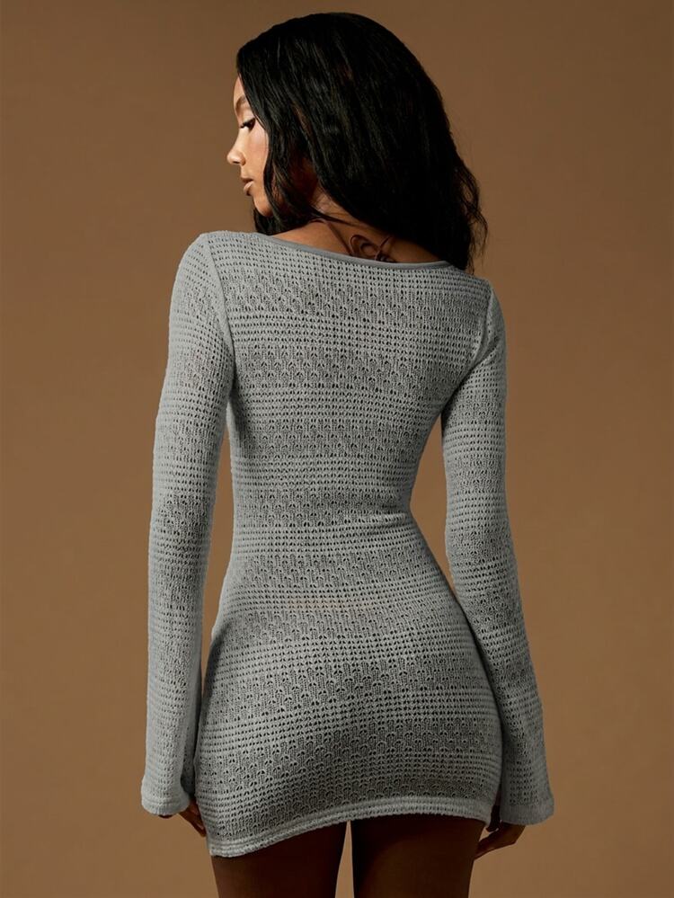 MISSGUIDED キーホールカットアウト ディープVネック 長袖 ボディコン ニットミニドレス 秋冬 パーティー クラブウェア