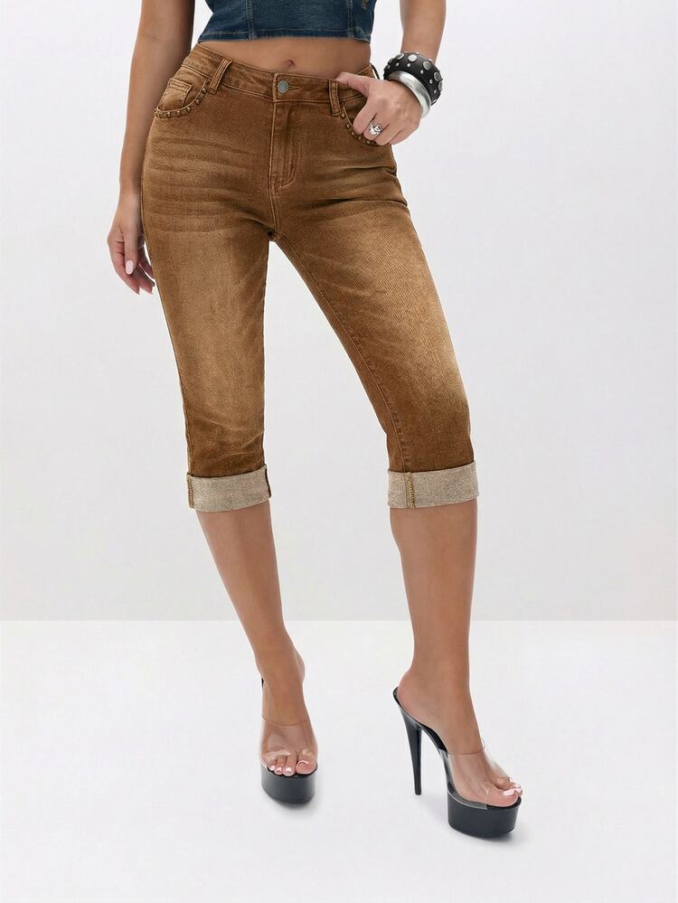 BABYPHAT Women Stretch Denim Capri Jeans With Turn Up Hems High Waisted Casual Summer Knee Length Pants